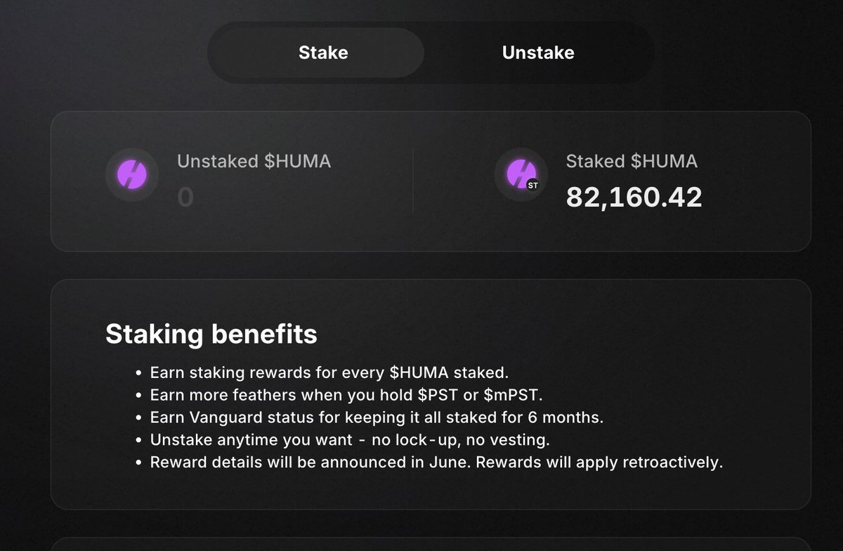 跟一手！
空投的 $HUMA 一个不卖，全部质押。
顺周期投资，怂什么！
高波动市场交易环境里的高成长性的标的，不正是杠铃策略右侧完美的Alpha标的吗？
干就完了！