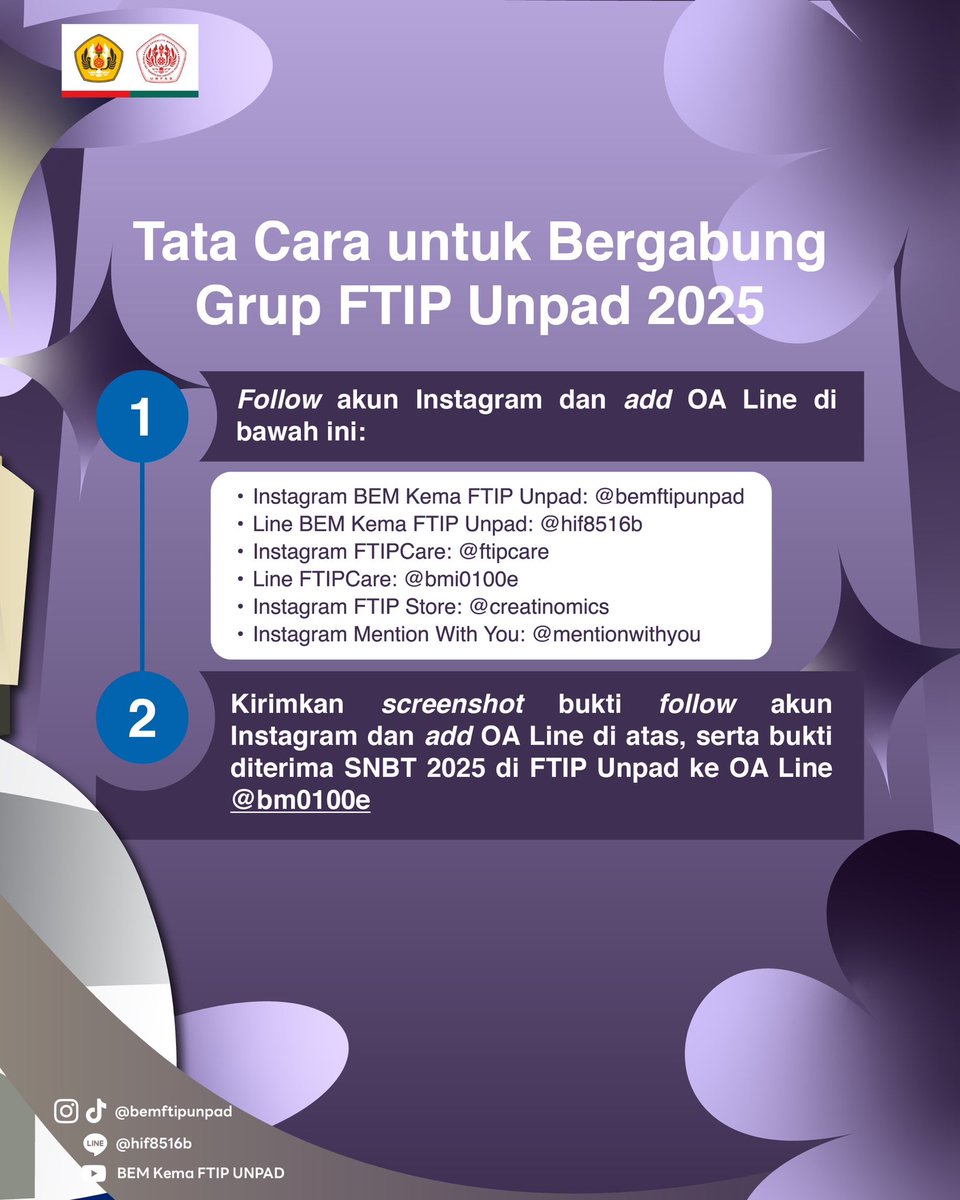 bemftipunpad's tweet photo. Jangan lupa untuk cek langkah-langkah ini untuk masuk grup Line FTIP Unpad 2025 yaa Kang/Teh!😊 https://t.co/QQEQ74HySe