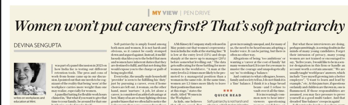 “I don’t  care if my family of adults eat frozen food . Right now, I want to be visible in office and not at home” I said to a panel and there was silence…I write in <a href="/livemint/">Mint</a> on the mellifluously strong grip of ‘soft patriarchy’ &amp; its impact on women…

livemint.com/opinion/online…
