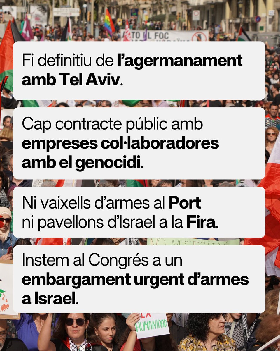 🇵🇸✊🏼 Avui Barcelona torna a demostrar que és una ciutat de drets humans i de pau i que actua davant del genocidi del poble palestí.

Hem aconseguit que la nostra ciutat trenqui definitivament tots els vincles amb l’Estat d’Israel.

Cap vaixell amb armes al nostre port, cap