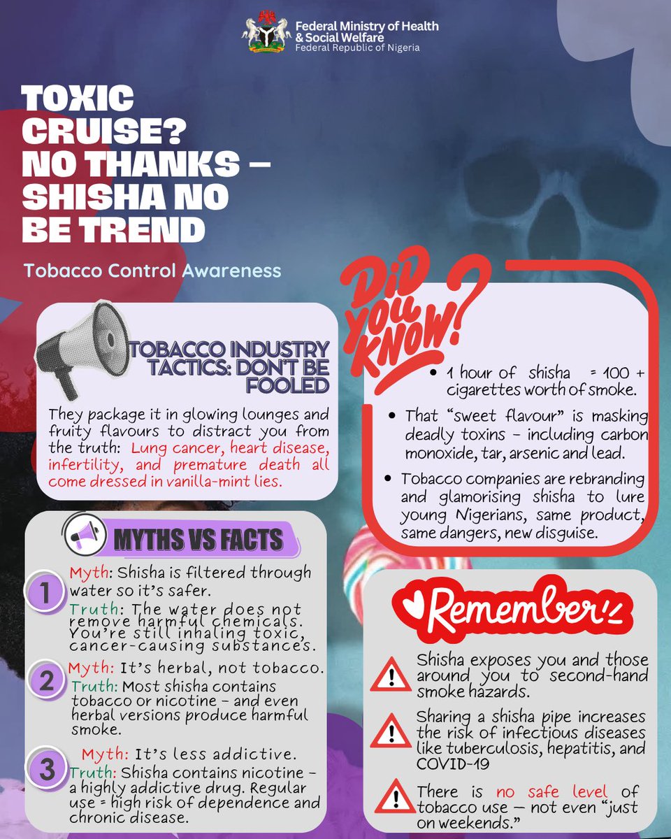 Federal Ministry of Health, NIGERIA (@fmohnigeria) on Twitter photo #WorldNoTobaccoDay #TabaccoExposed
This one’s for you, <a href="/Princess__A14/">Princess_A</a> - thanks for asking the right questions! 💬
Let’s set the record straight :
Shisha no be “cleaner smoke” 😮💨
Vapes no be “healthy options” 🚫
Both are tobacco rebranded with extra PR and pineapple flavour. #WorldNoTobaccoDay #TabaccoExposed
This one’s for you, <a href="/Princess__A14/">Princess_A</a> - thanks for asking the right questions! 💬
Let’s set the record straight :
Shisha no be “cleaner smoke” 😮💨
Vapes no be “healthy options” 🚫
Both are tobacco rebranded with extra PR and pineapple flavour.