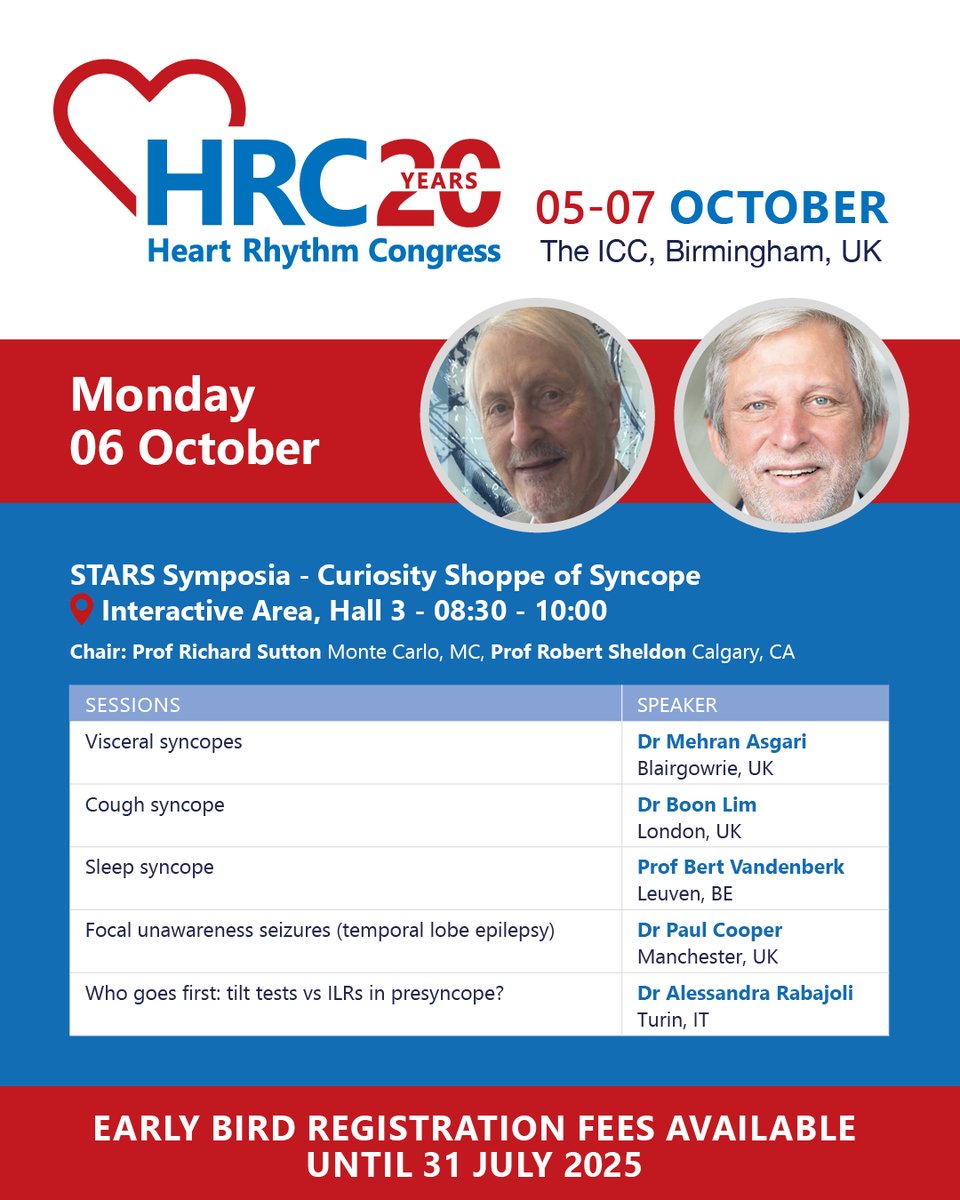 Another day, another session highlight for you curated by world experts Prof Richard Sutton and Prof Robert Sheldon. Our syncope sessions are widely regarded as a benchmark in heart rhythm education and engagement.
heartrhythmcongress.org/programme/06-1…