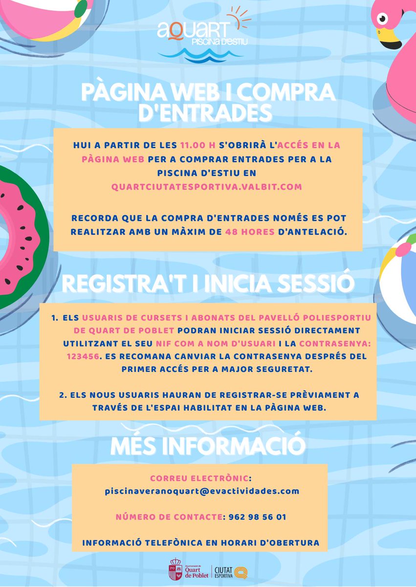 quartdepoblet's tweet photo. 🏊‍♀️ Ja pots comprar les teues entrades per a la piscina d'estiu!

🗓️💻 Des d'este divendres 30 està obert l'accés a la compra d'entrades a través de la web https://t.co/WJYLk7TdLZ

👉 Recorda: Només es poden adquirir amb un màxim de 48 hores d'antelació. https://t.co/fnozvjVAGQ