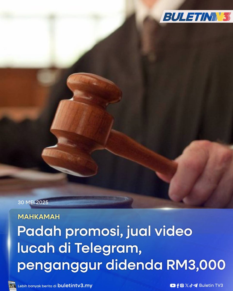 BuletinTV3's tweet image. MAHKAMAH | Seorang penganggur didenda RM3,000 oleh Mahkamah Majistret Kuala Lumpur hari ini, kerana mempromosi dan menjual video lucah melalui Telegram.

#BuletinTV3 #penganggur #videolucah