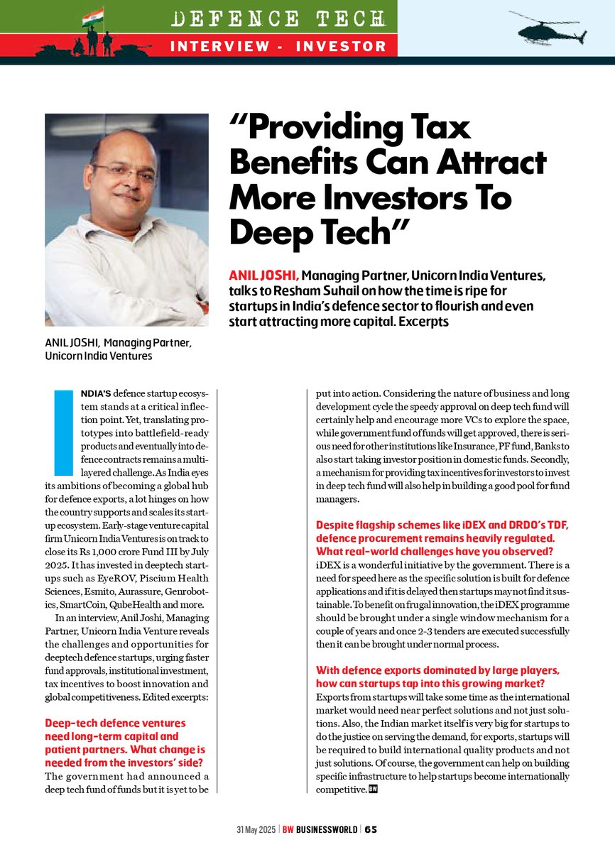 BWBusinessworld's tweet image. Anil Joshi, Managing Partner, Unicorn India Ventures on how India’s defence sector is ripe for startups and can attract more capital

@unicornindia

Read More: ow.ly/ZI7v50W1mPZ

#DefenceInnovation #DefenceStartups #VentureCapital #IndianDefence #StartupIndia