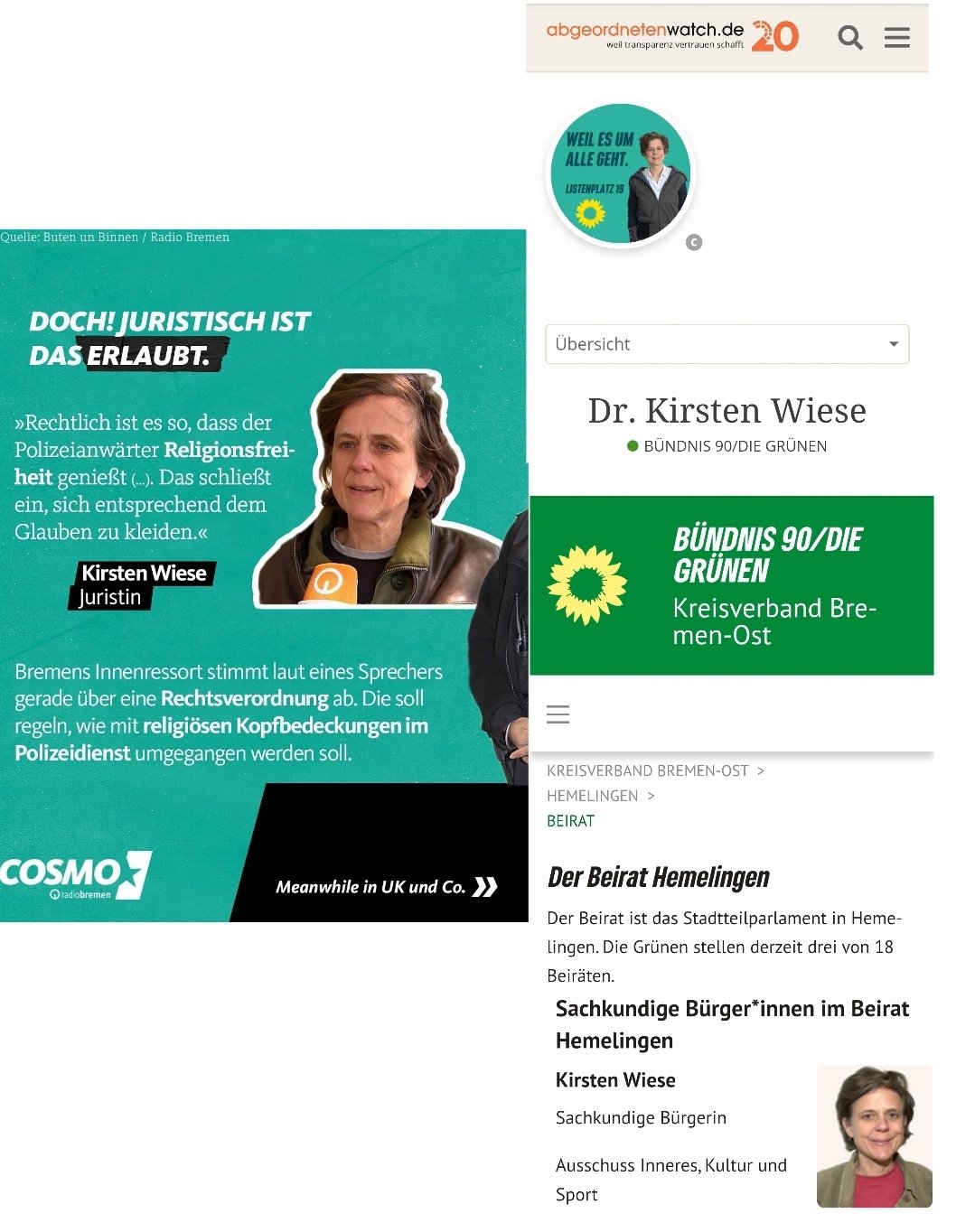 Die von Radio Bremen zu religiöse Kopfbedeckungen bei Polizisten interviewte Juristin ist Grünen Pol...