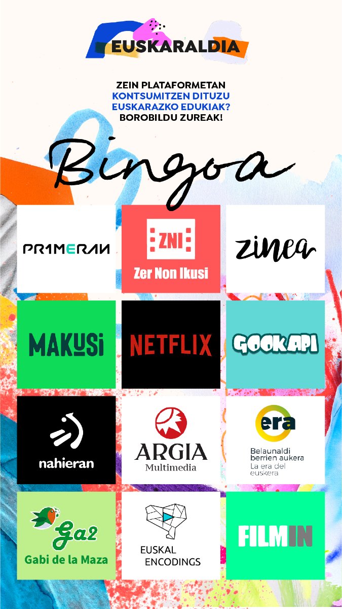 Euskaraldia amaitu da, baina jarrai dezagun hizkuntza-ohiturak euskarara gehiago ekartzen 365 egunetan!

Euskaraz sortzen jarraitzeko BINGOak aurkezten dizkizuegu! 
🌟1. Zeintzuk izan dira zure lorpenak Euskaraldian?
🎞️2. Zein plataforma ezagutzen/kontsumitzen duzu?

⭕Borobildu