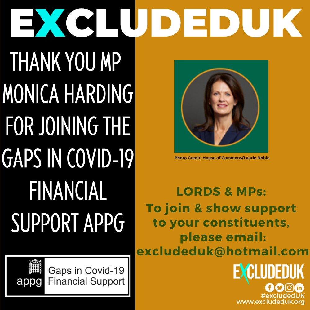 A HUGE THANK YOU TO THE LATEST MP WHO HAS REGISTERED AS A MEMBER OF OUR ‘GAPS IN COVID-19 FINANCIAL SUPPORT’ APPG:

Monica Harding MP <a href="/monicabeharding/">Monica Harding MP</a>

AS SECRETARIAT FOR THE NEW ‘GAPS IN COVID-19 FINANCIAL SUPPORT’ APPG, #ExcludedUK, would like to welcome all Lords and MPs as