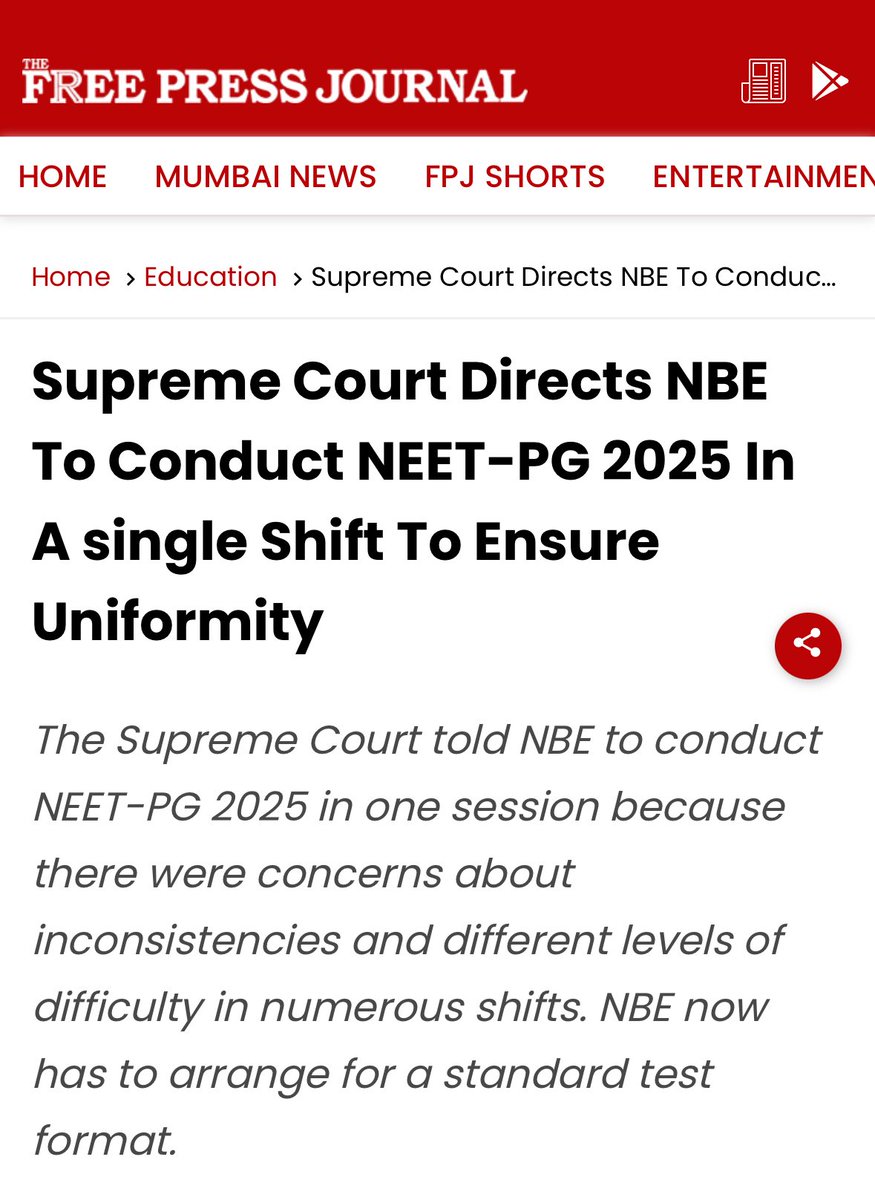 DR.LAKSHYA MITTAL (@drlakshyamittal) on Twitter photo Landmark victory secured by the United Doctors Front (UDF) <a href="/UDF_BHARAT/">UNITED DOCTORS FRONT (UDF)</a>.
The Hon’ble Supreme Court has mandated a single-shift NEET PG 2025, ensuring equitable assessment for all future medical specialists.
One Nation - One Shift Exam✌🏻
Justice served.
Special Thanks to my Landmark victory secured by the United Doctors Front (UDF) <a href="/UDF_BHARAT/">UNITED DOCTORS FRONT (UDF)</a>.
The Hon’ble Supreme Court has mandated a single-shift NEET PG 2025, ensuring equitable assessment for all future medical specialists.
One Nation - One Shift Exam✌🏻
Justice served.
Special Thanks to my