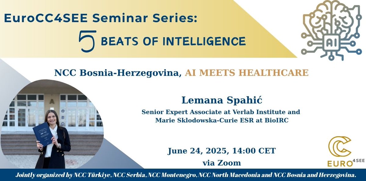 EuroCC_Turkey's tweet image. 🧠💉 AI Meets Healthcare
EuroCC4SEE seminer serisinin 3. semineri için bize katılın!
🎙️ Dr. Lemana Spahić
📅 24 Haziran 2025, 14:00 CET, Zoom
🔗 indico.truba.gov.tr/event/213/
Yapay zekânın sağlıkta erken teşhis ve kişiselleştirilmiş tedaviye etkisini keşfedin!
#AI #HPC