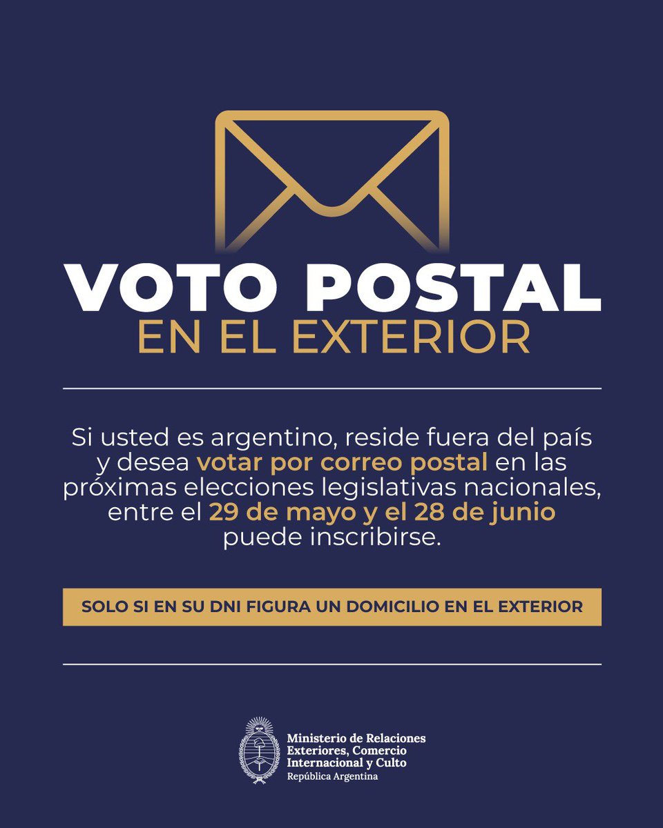 EmbArgRusia's tweet photo. 2. 📩 Por correo postal, inscribiéndose previamente en el Registro de la Cámara Nacional Electoral entre el 29 de mayo y el 28 de junio en https://t.co/irTwotFmuR https://t.co/7NLvjOCrtq