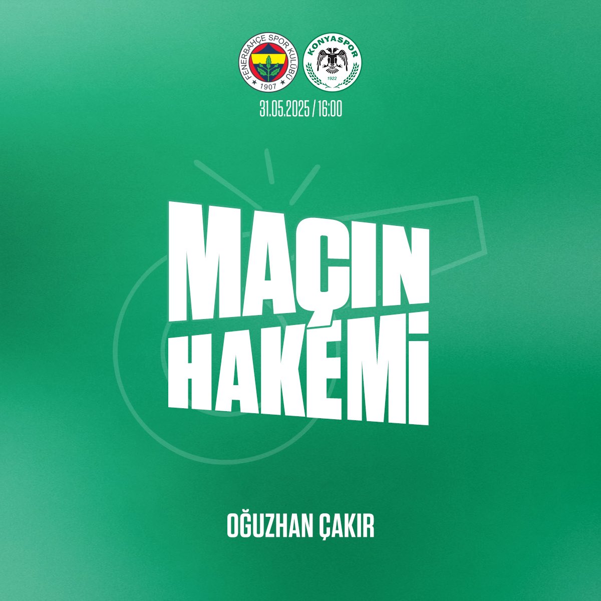 👤 Trendyol Süper Lig’in 38. haftasında 31 Mayıs Cumartesi günü saat 16.00’da Fenerbahçe’ye konuk olacağımız maçı Oğuzhan Çakır yönetecek. Karşılaşmanın yardımcı hakemleri ise Murat Ergin Gözütok ve Suat Güz olacak.