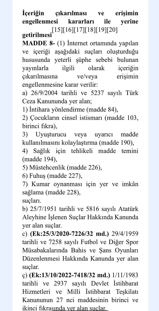 Grup Yorum’un şarkıları YouTube’dan kaldırıldı. Kaldırılma gerekçesi ise 5661 sayılı internet ortamında işlenen suçlarla mücadele kanunun 8. Maddesi olarak gösteriliyor. İlgili kanunun 8. Maddesi aşağıdaki suçlar nedeniyle içeriğin kaldırılacağı söylemektedir. Grup Yorum’un