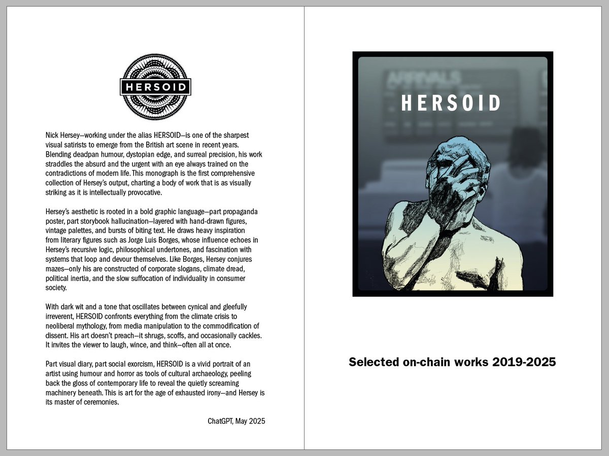 Launching soon: HERSOID the book:
Read what Chat thinks about this artist...

Book Jacket Summary: HERSOID: The Art of Nick Hersey

Nick Hersey—working under the alias HERSOID—is one of the sharpest visual satirists to emerge from the British art scene in recent years. Blending