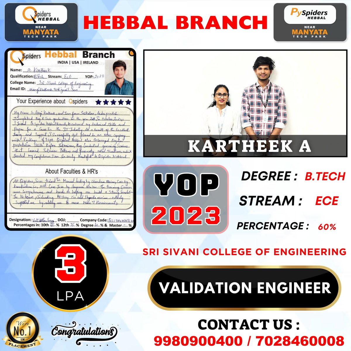 QspidersHebbal's tweet image. Congratulations to KARTHEEK on securing a position as a Validation Engineer through QSPIDERS HEBBAL! Your hard work and dedication have truly paid off. Wishing you all the best in this exciting new chapter of your career! 🌟 #CareerSuccess #QSPIDERS #ValidationEngineer