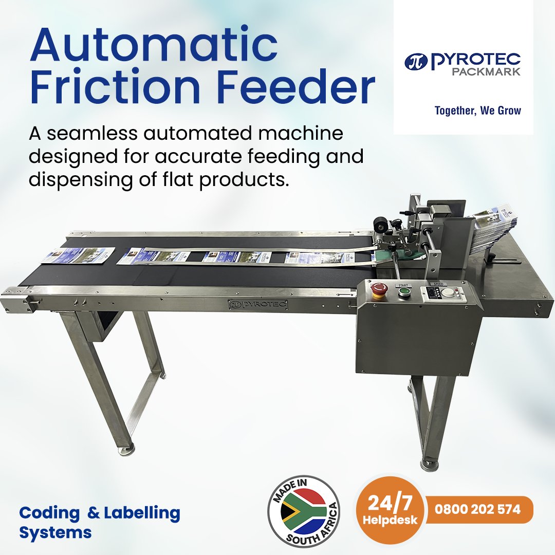 PyrotecSA's tweet image. Flat inserts, fed with speed.

Use Pyrotec PackWorx’s Friction Feeder for cards, pouches &amp;amp; more
. 
Learn more: pyrotec.co.za/packworx/ 
 #PackagingTools #FrictionFeeder #PackWorx