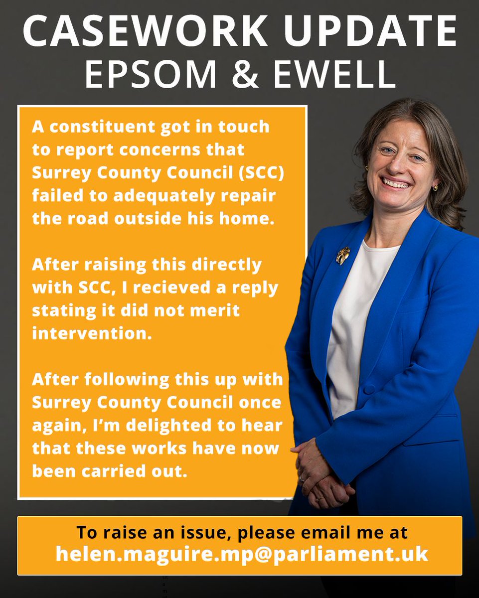helenmaguiremp's tweet image. I&apos;m pleased my intervention helped my constituent get their road repaired.

Whether it&apos;s road repairs or raising SEND cases, my team &amp;amp; I are always happy to help. 🙌

#LocalChampion #Casework