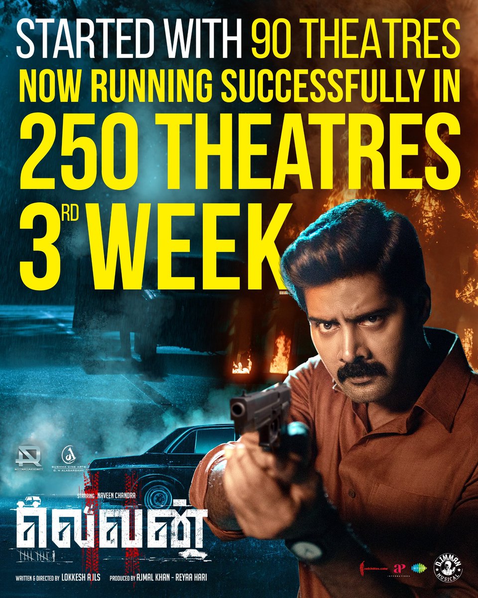 AR Entertainment (@arentertainoffl) on Twitter photo From 90 to 250 theatres 🤩 Roaring strong into Week 3🔥
<a href="/Naveenc212/">Actor Naveen Chandra</a> <a href="/ARentertainoffl/">AR Entertainment</a> <a href="/SushmaCineArts/">Sushma Cine Arts</a> <a href="/lokeshajls/">Lokkesh Ajls</a> <a href="/immancomposer/">D.IMMAN</a> <a href="/actressReyaa/">Reyaa</a> <a href="/abhiramiact/">Abhirami</a> <a href="/Riythvika/">Riythvika✨</a> <a href="/ActorDileepan/">Dileepan</a> @actorshashank <a href="/karthikisc/">KARTHIK DOP</a> <a href="/srikanth_nb/">EditorSrikanthNB</a> <a href="/saregamasouth/">Saregama South</a> <a href="/onlynikil/">Nikil Murukan</a> From 90 to 250 theatres 🤩 Roaring strong into Week 3🔥
<a href="/Naveenc212/">Actor Naveen Chandra</a> <a href="/ARentertainoffl/">AR Entertainment</a> <a href="/SushmaCineArts/">Sushma Cine Arts</a> <a href="/lokeshajls/">Lokkesh Ajls</a> <a href="/immancomposer/">D.IMMAN</a> <a href="/actressReyaa/">Reyaa</a> <a href="/abhiramiact/">Abhirami</a> <a href="/Riythvika/">Riythvika✨</a> <a href="/ActorDileepan/">Dileepan</a> @actorshashank <a href="/karthikisc/">KARTHIK DOP</a> <a href="/srikanth_nb/">EditorSrikanthNB</a> <a href="/saregamasouth/">Saregama South</a> <a href="/onlynikil/">Nikil Murukan</a>