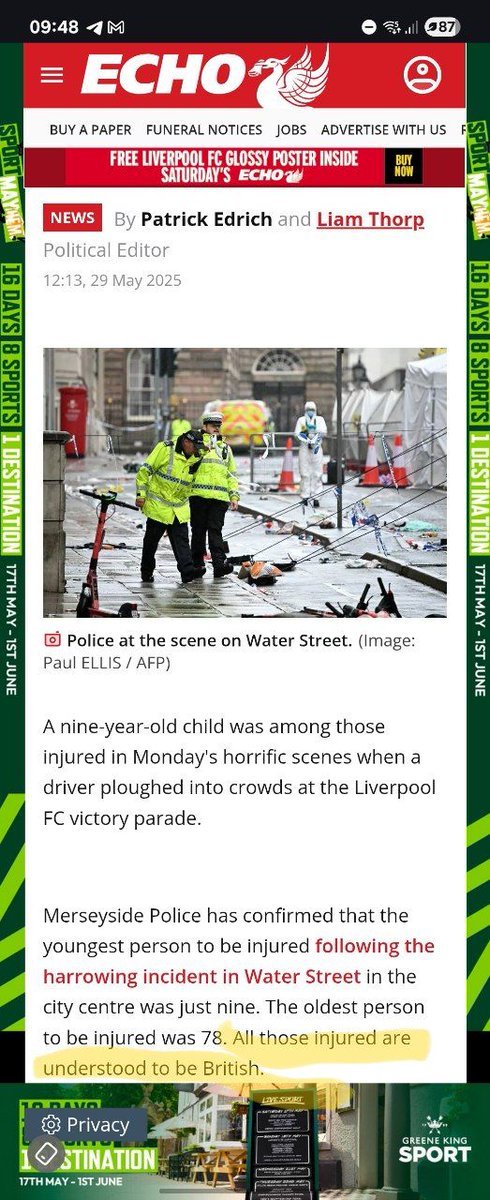 Christoffo91's tweet photo. @Mighty_Reds92 really hopeful that you've got either a dual British nationality or you simply haven't spoken to the police, because this article suggests everyone injured was British. Hopefully you're not lying online saying you were involved in a tragedy just for some engagement https://t.co/Og9QdHbkqx
