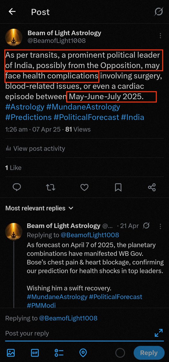 BeamofLight1008's tweet photo. Prediction Comes True: On April 7, we forecasted that a prominent Indian Opposition leader may suffer health issues between May–July 2025.

On May 28, Ghulam Nabi Azad, former Leader of Opposition, was hospitalized in Kuwait due to severe abdominal pain.

Wishing him a speedy recovery 🙏

#Astrology #MundaneAstrology #India #AllPartyDelegation #OperationSindoor #Kuwait #GhulamNabiAzad #ghulamnazad
#Congress #BJP