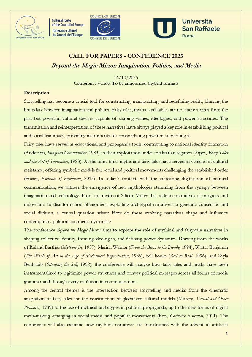"Storytelling has become a crucial tool for constructing, manipulating, and redefining reality..." CALL FOR PAPERS! Beyond the Magic Mirror: Imagination, Politics, and Media. All info here 👉🏽  ais-sociologia.it/wp-content/upl… #imagination #Politics #media