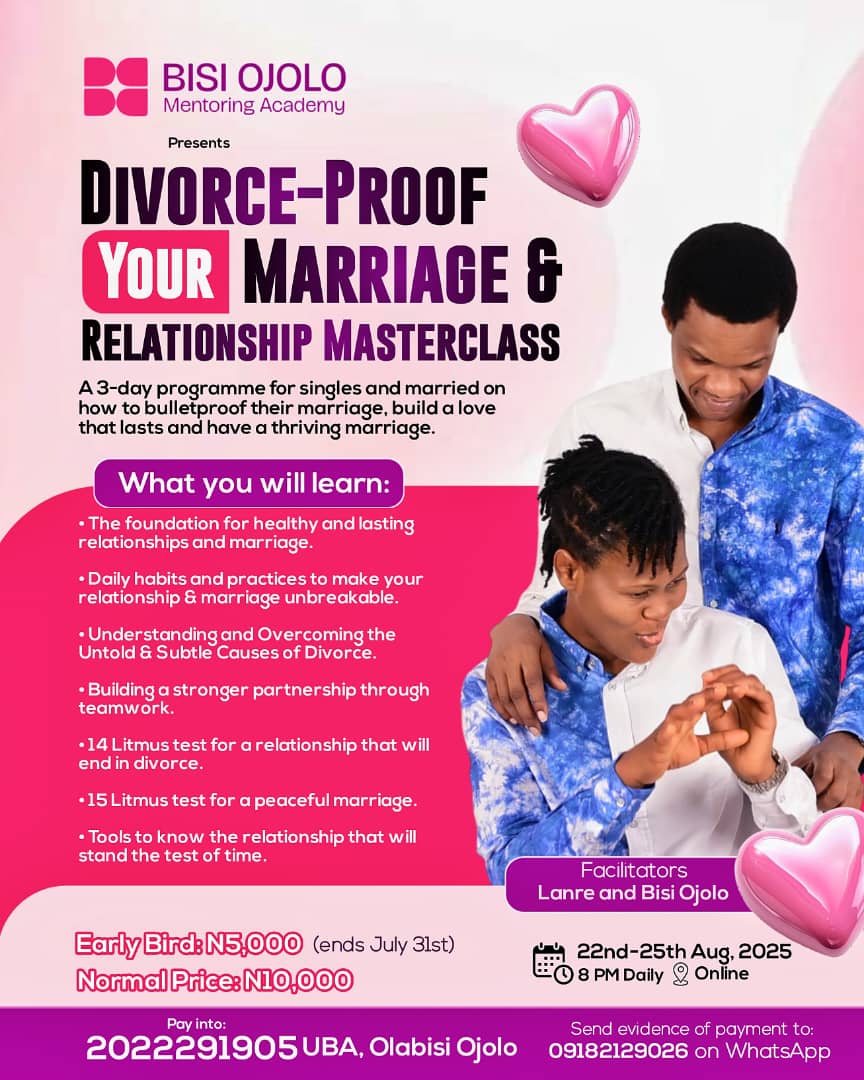bisiojolo's tweet photo. 7. You can also join our 3-day Dïvorce-proof your Relationship and Marriage Masterclass. We will discuss things about sëxual pleasure.

#bisiojolo #bisiojolomentoringacademy #marriedcouple #sexinmarriage https://t.co/bNMVxmUuLZ