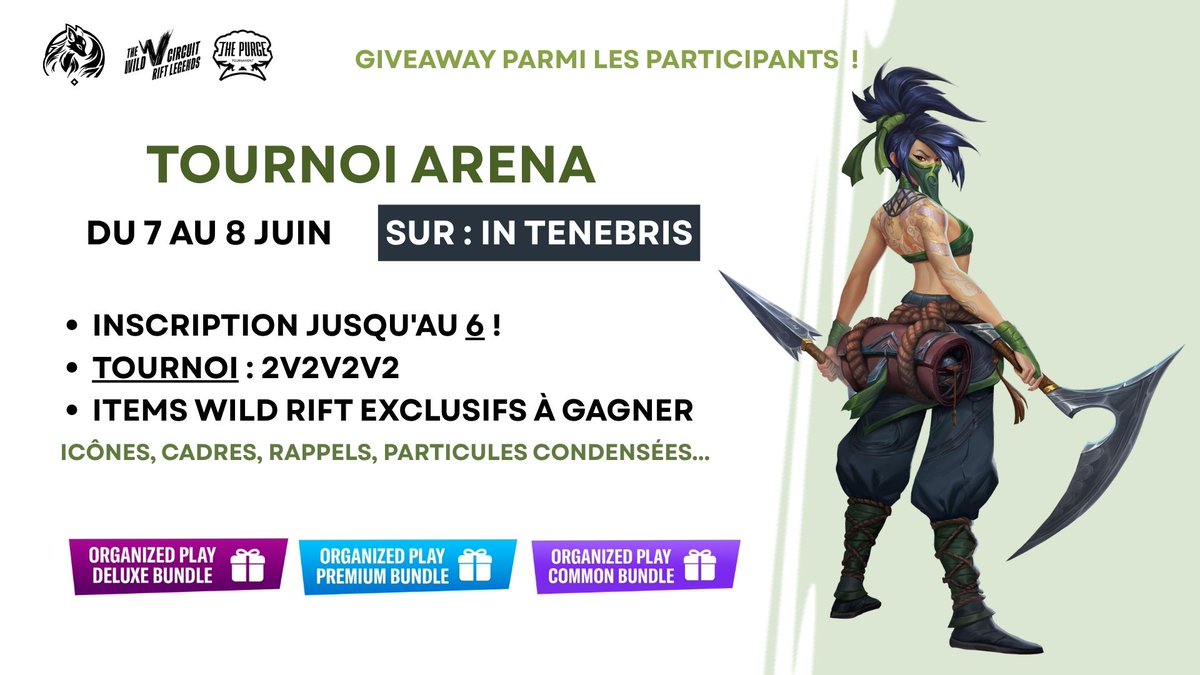 Tournoi Arena
📅 7 et 8 Juin
🔔 À partir de 20H
🎮 Arena : 2v2v2v2 
🏆 Items WR Exclusifs !
🇫🇷 Pour les joueurs France Benelux et Suisse.
Supporté par <a href="/wildriftfrance/">Wild Rift Communauté FR</a> !

#wildriftfrance
avoir plus d'informations et/ou s'inscrire : discord.com/invite/zAW3vkf…