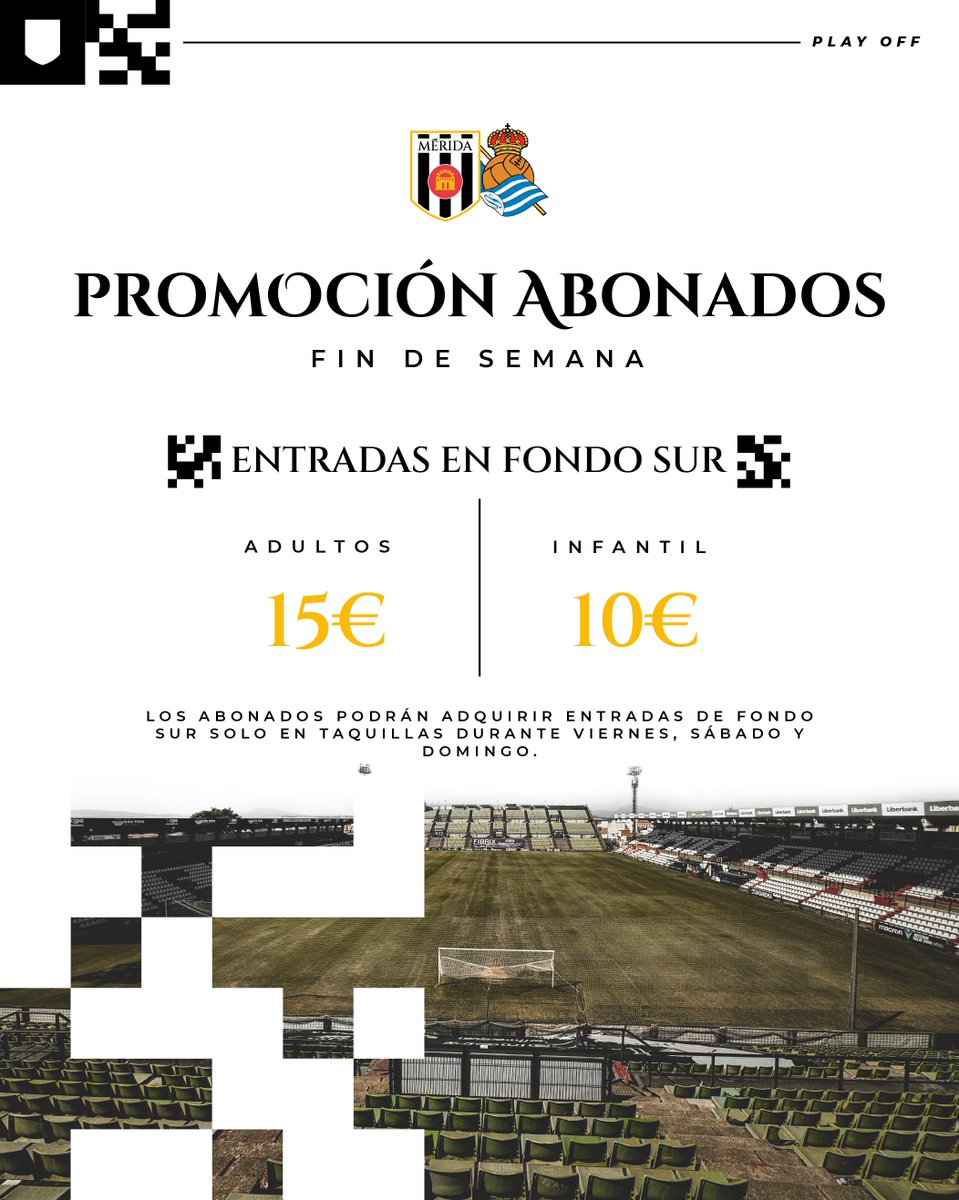 🆗 Ampliamos plazo para que los abonados que faltan (unos 600) adquieran sus suplementos

✅ Hasta el sábado a las 10:00
⏰ Horario taquillas: 11:00 - 14:00 | 16:00 - 20:00

💥 𝐏𝐑𝐎𝐌𝐎𝐂𝐈𝐎́𝐍 abonados en FONDO SUR: 15€ | 10

📲  admerida.es/ampliamos-plaz…