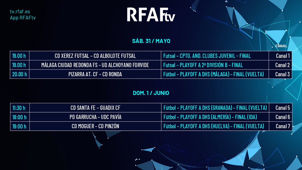 RFAF's tweet photo. 🤩 Seis finalísimas este fin de semana en @RFAF_tv
🏆 #AndaluzJuvenilClubesFS
🏆 Ascenso a #SegundaBFS
🏆 Ascenso a #DHS: @RFAFMalaga @RFAFGranada @RFAFAlmeria y @RFAFHuelva
📺 Todas estas finales GRATIS, en abierto y para todo el mundo en la app de #RFAFtv y en https://t.co/AoImQruzqB
🅢🅐🅑🅐🅓🅞
@XerezDFC_Futsal - @albolote_futsal
@MalagaFS - @UD_ALCHOYANO
@c_pizarra - @CDRondaOficial
🅓🅞🅜🅘🅝🅖🅞
@CD_SantaFe - @GuadixCF
@1927PDG - #UDPavía
@moguerCD - @CDPinzon_
🔗 https://t.co/l8rVHe54kO