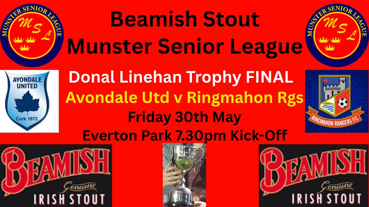 Two more exciting cup finals on tonight.
Lakewood Ath v Mallow Utd in the Pop Keller Cup (Senior) St. Mary's Park, 7.45pm.
Avondale Utd v Ringmahon Rgs in the Donal Linehan Trophy (Junior), Everton Park 7.30pm.

Best of luck to all involved.