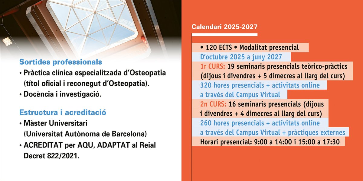MÀSTER EN #OSTEOPATIA
▪︎Som pioners a l'Estat espanyol en programar formació reglada i oficial en aquesta disciplina
▪︎Pràctiques clíniques en centres acreditats
▪︎Titulació de la UAB
▪︎Sessions presencials i activitats online
𝗣𝗿𝗲𝗶𝗻𝘀𝗰𝗿𝗶𝗽𝗰𝗶𝗼𝗻𝘀 𝗼𝗯𝗲𝗿𝘁𝗲𝘀