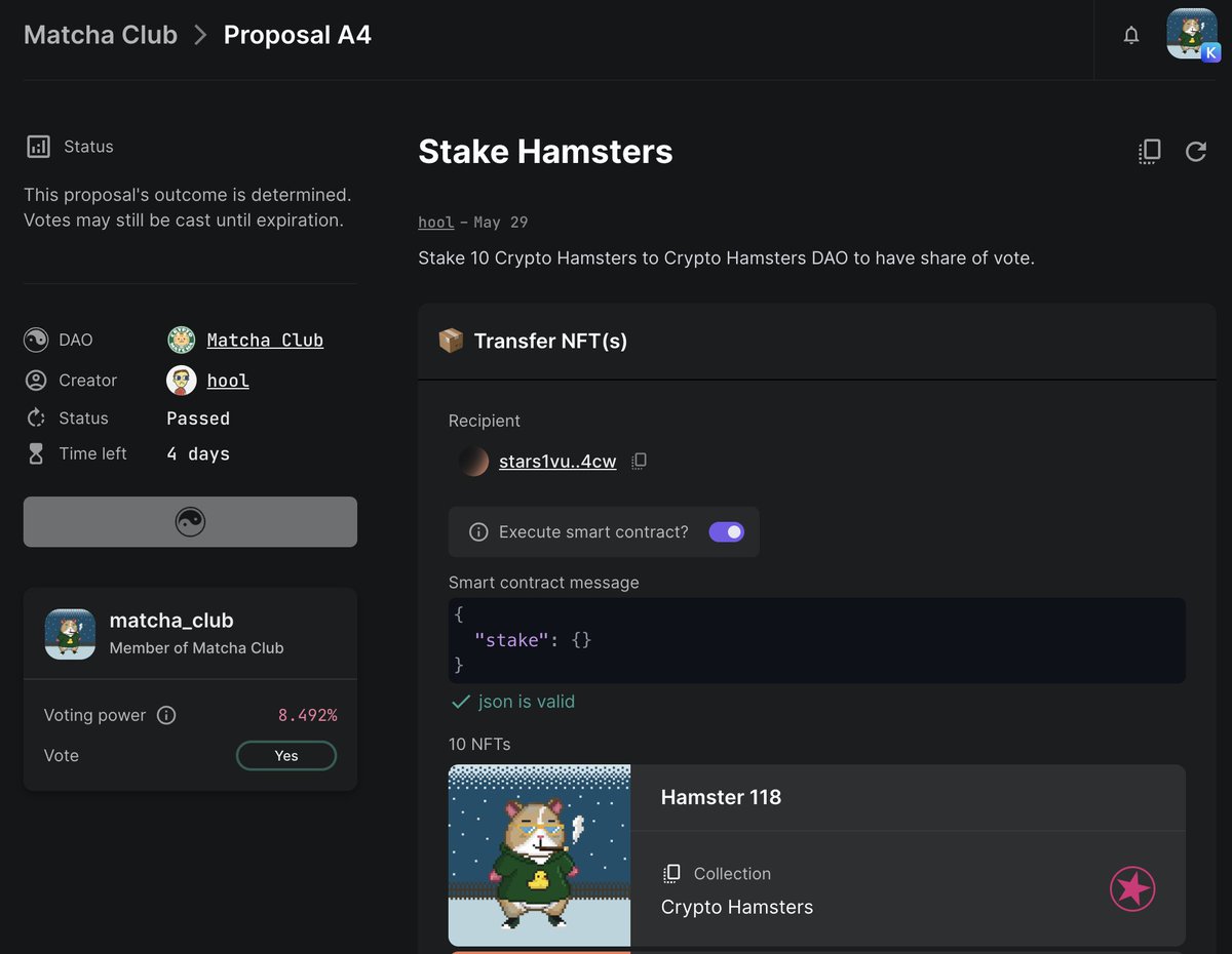 10 Hamsters from Matcha Club treasury are staked in DAO!
We are distributed on 49 different addys - will be much more with 💧 for those who claimed points in dashboard!