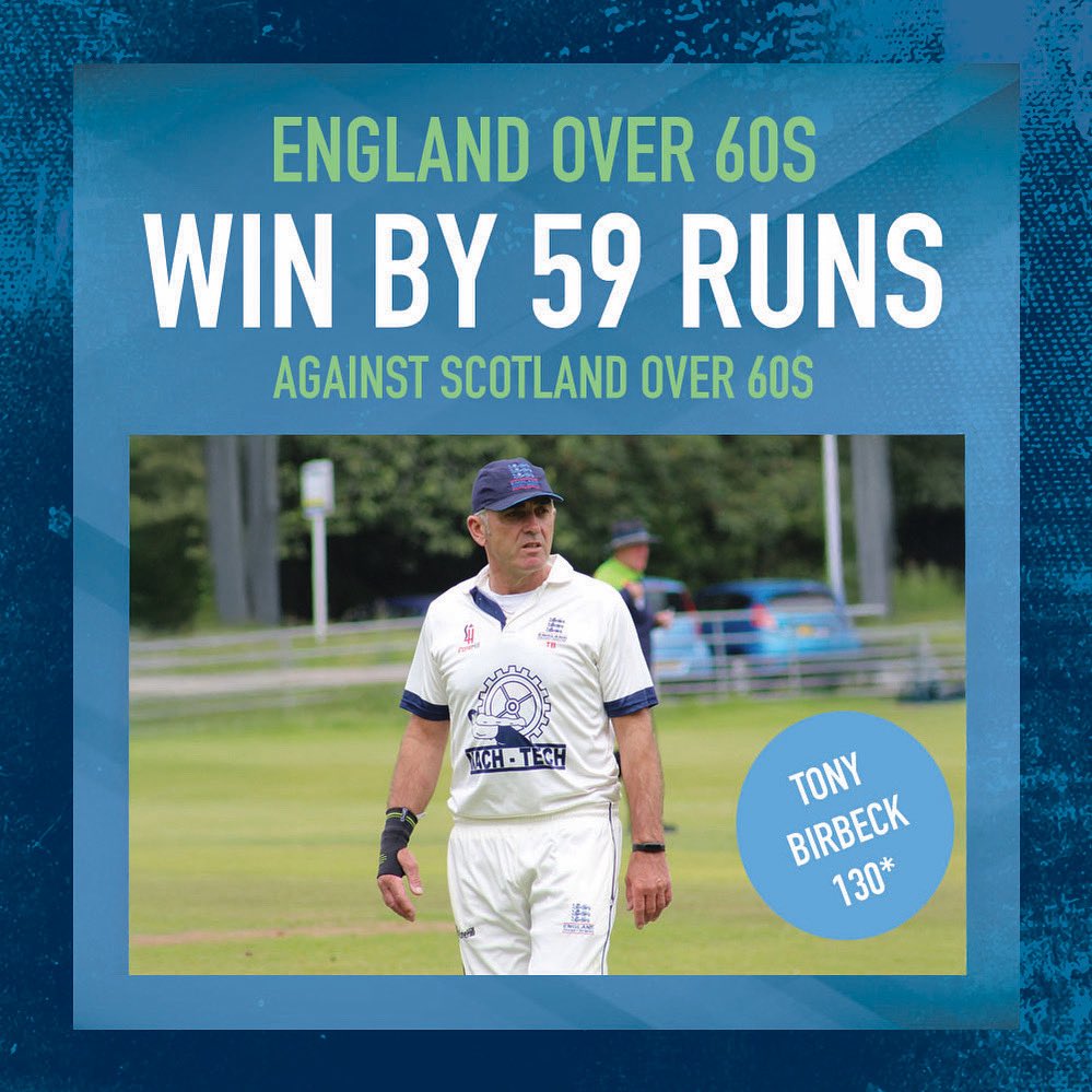 clscricketclub's tweet image. 🏴󠁧󠁢󠁥󠁮󠁧󠁿 Congratulations to England Over 60s and our very own Tony Birbeck who scored an unbeaten 130 to defeat Scotland Over 60s at Saltburn CC yesterday! 

🦜 Proud of you Grumpy!