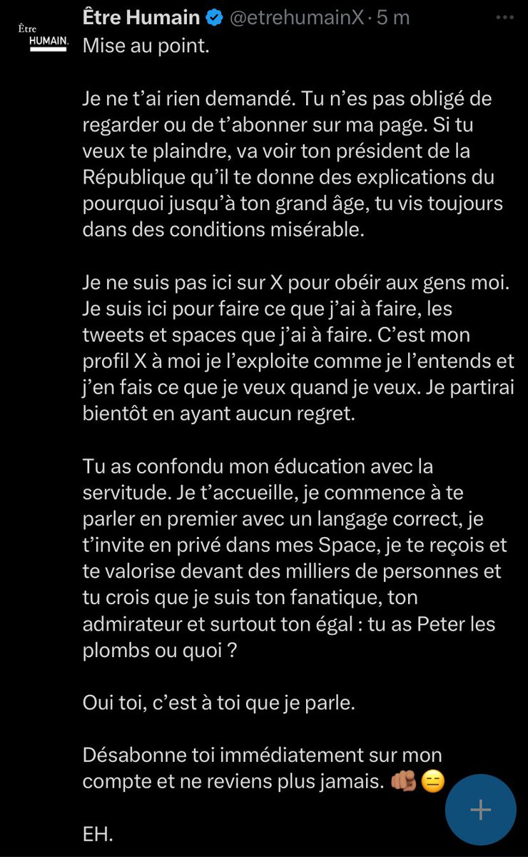 J’ignore le fond du problème mais je suis estomaqué par l’arrogance et l’orgueil que cet organisateur de Space sur X connu sous le nom de Être Humain fait preuve dans ce tweet👇🏾👇🏾