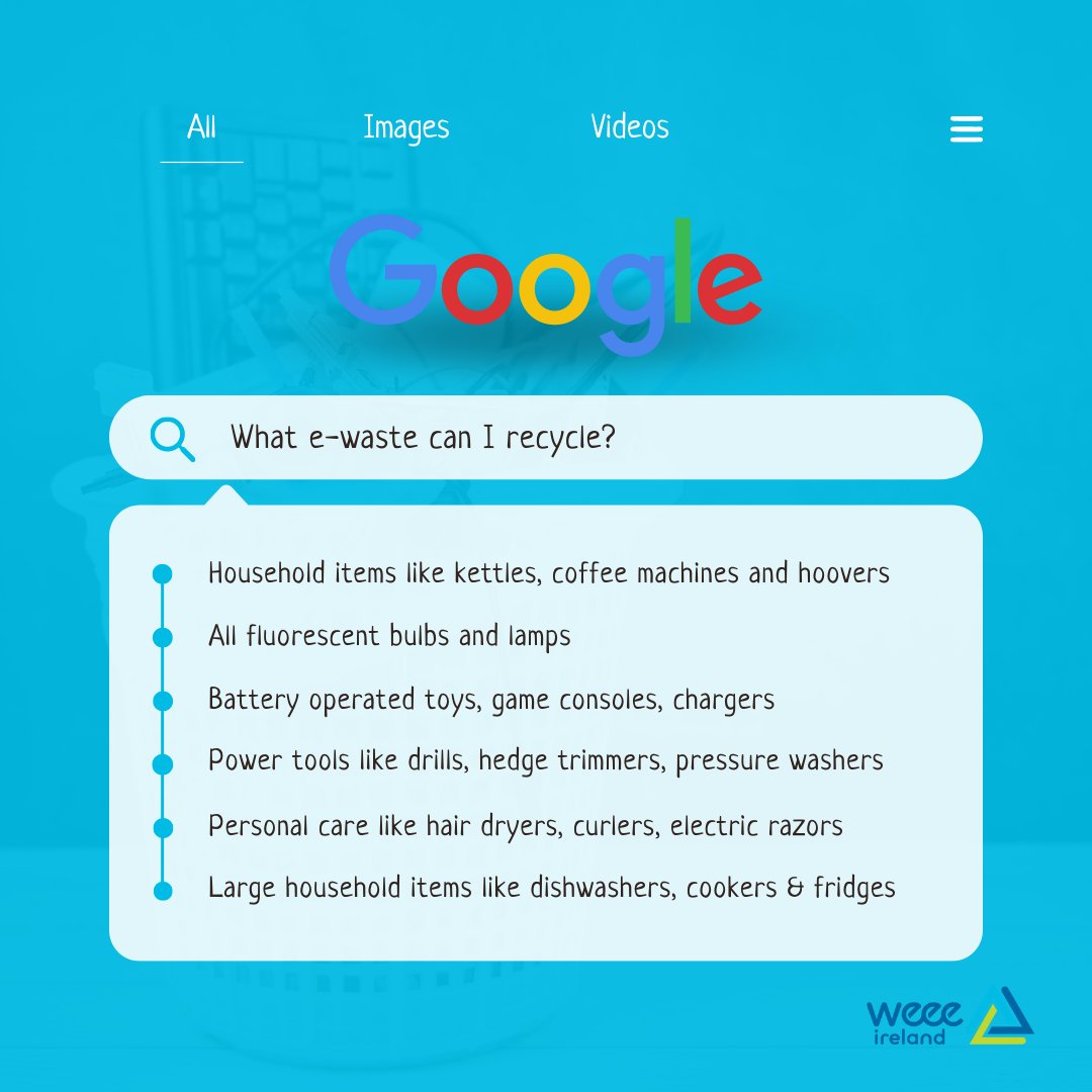 WEEE Ireland (@weeeireland) on Twitter photo 🗨️ 'Hey Google, what kind of electrical waste can I recycle?'
Opening your eyes to the benefits of e-waste recycling is just a question away!♻️
And remember, you can also recycle your smart speakers!
Find out where you can recycle here: bit.ly/WEEElocations
<a href="/MyWasteIreland/">My Waste Ireland</a> 🗨️ 'Hey Google, what kind of electrical waste can I recycle?'
Opening your eyes to the benefits of e-waste recycling is just a question away!♻️
And remember, you can also recycle your smart speakers!
Find out where you can recycle here: bit.ly/WEEElocations
<a href="/MyWasteIreland/">My Waste Ireland</a>
