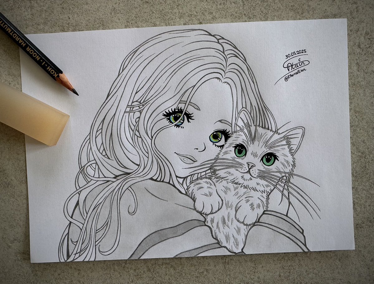 It’d be great if Capcom gave us some informations/news on PRAGMATA (プラグマタ)… but until that happens (if ever), here’s a little black &amp; white sketch of Diana hugging a kitty 🐱

#Dessin #Drawing
#Art #MyArt #FanArt