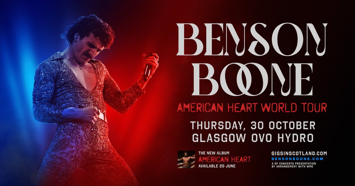ANNOUNCED 📣

Get ready for the most MYSTICAL, MAGICAL night of the year...

BENSON BOONE is coming to the OVO Hydro with his American Heart World Tour on 30 October ⭐

#OVOLive presale | 10am, Tue 3 June
Tickets on sale | 10am, Thu 5 June ➡️ bit.ly/3FuJkhU