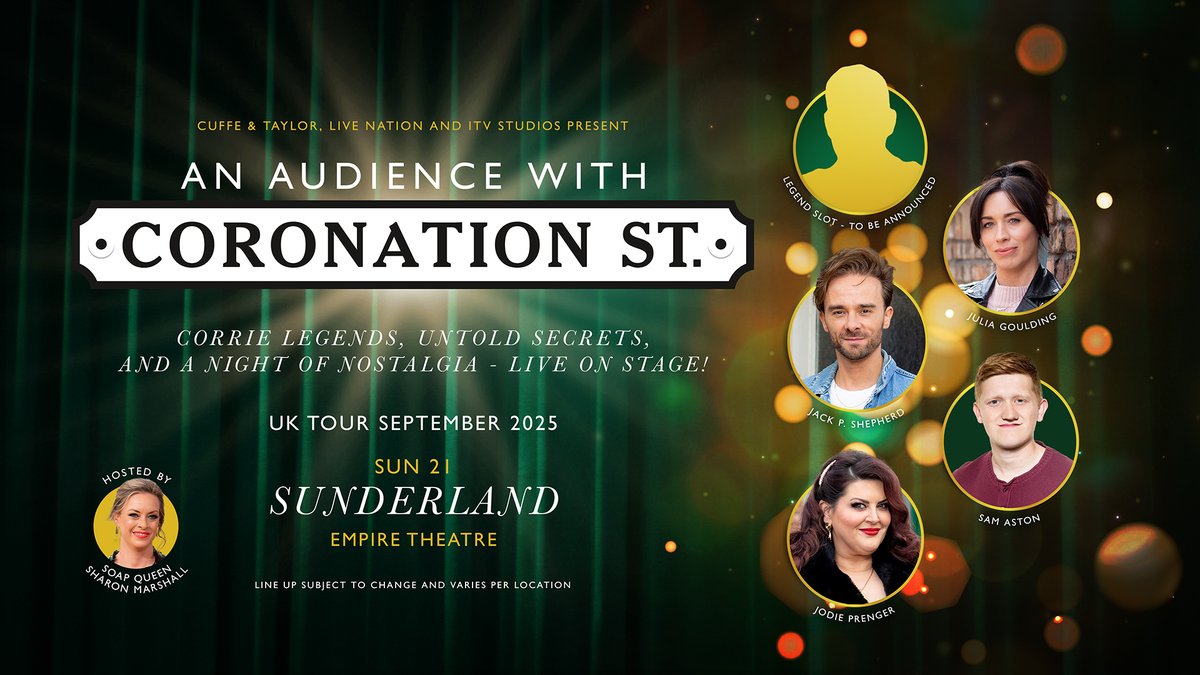 An Audience with Coronation Street is NOW ON SALE!🚨  

Stepping off the famous cobbles and onto the stage for an unforgettable evening are
Jack P Shepherd, Julia Goulding, Sam Aston, Jodie Prenger and a Corrie legend.

Secure your tickets now 🎟️ atgtix.co/4kIHIQK