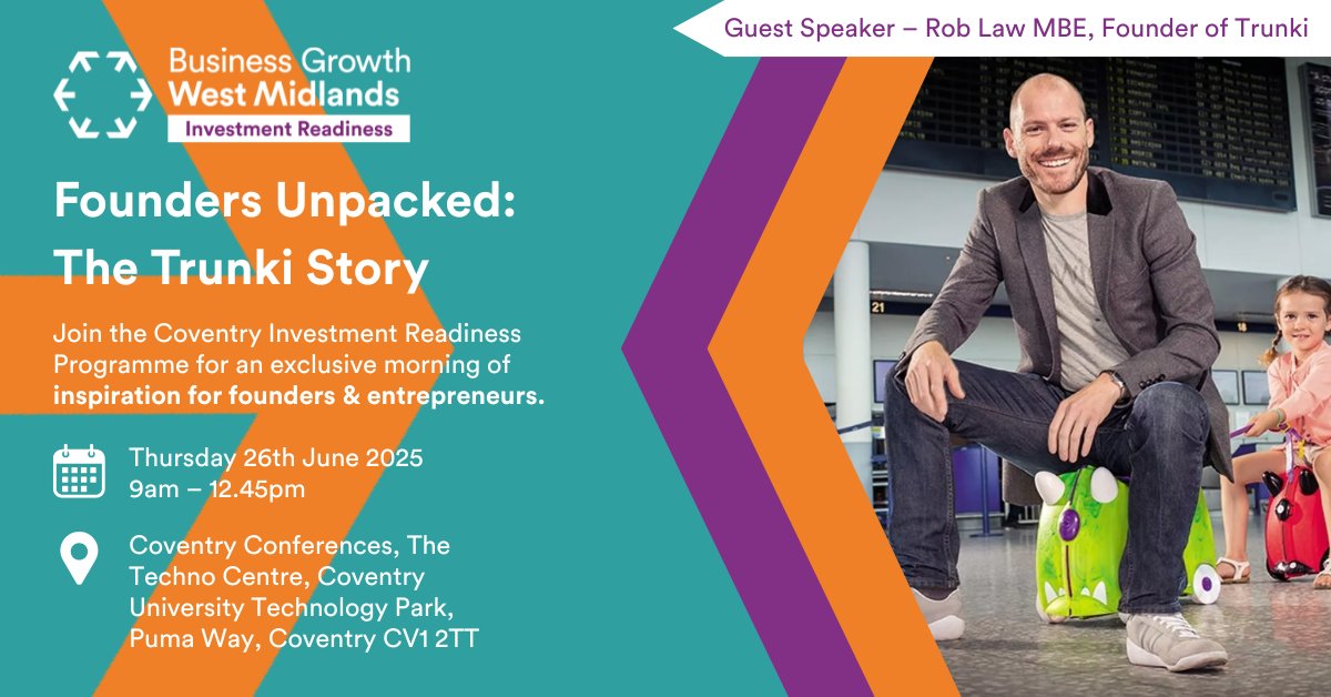Coventry & Warwickshire Champions (@cwchampions) on Twitter photo 🚀 Founders Unpacked: The Trunki Story Event
Hear from Trunki creator Rob Law MBE on his journey from Dragons’ Den to a multimillion-pound exit.
📅 Thursday 26th June, 9am - 12:45pm
📍 <a href="/coventryconf/">CoventryConferences</a>
Book now 👉 cognitoforms.com/CoventryAndWar…
<a href="/BizGrowthWM/">Business Growth West Midlands</a> <a href="/WestMids_CA/">West Midlands Combined Authority</a> <a href="/GOVUK/">GOV.UK</a> 🚀 Founders Unpacked: The Trunki Story Event
Hear from Trunki creator Rob Law MBE on his journey from Dragons’ Den to a multimillion-pound exit.
📅 Thursday 26th June, 9am - 12:45pm
📍 <a href="/coventryconf/">CoventryConferences</a>
Book now 👉 cognitoforms.com/CoventryAndWar…
<a href="/BizGrowthWM/">Business Growth West Midlands</a> <a href="/WestMids_CA/">West Midlands Combined Authority</a> <a href="/GOVUK/">GOV.UK</a>