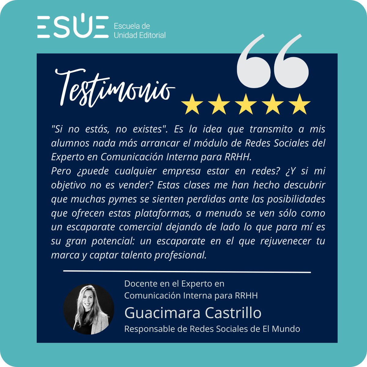 ESUE (@escuelaue) on Twitter photo Aprende a conectar personas, cultura y estrategia con el curso de Experto en Comunicación Interna para RRHH. <a href="/Guacimara_C/">Guacimara Castrillo</a> , responsable de RRSS de EL MUNDO es una de las profesoras del curso. escuelaunidadeditorial.es/posgrado/empre… Aprende a conectar personas, cultura y estrategia con el curso de Experto en Comunicación Interna para RRHH. <a href="/Guacimara_C/">Guacimara Castrillo</a> , responsable de RRSS de EL MUNDO es una de las profesoras del curso. escuelaunidadeditorial.es/posgrado/empre…