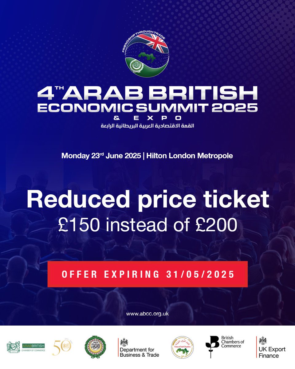 LCCI is delighted to partner with The Arab British Economic Summit 2025, taking place on 23 June 2025.

This flagship event offers a unique platform for dialogue, partnership-building, and insight into emerging opportunities across sectors.

Register now: ow.ly/abgE50W0NOj