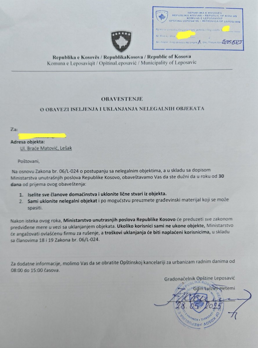 ❗️Лепосавић | Косовске институције уручиле су обавештење о исељењу и уклањању нелегалних објеката целој улици у којој живе Срби у Лешку.

Иако земљиште формално припада институцијама, људи у овим објектима живе већ годинама, а до сада нису имали проблема са локалним властима.