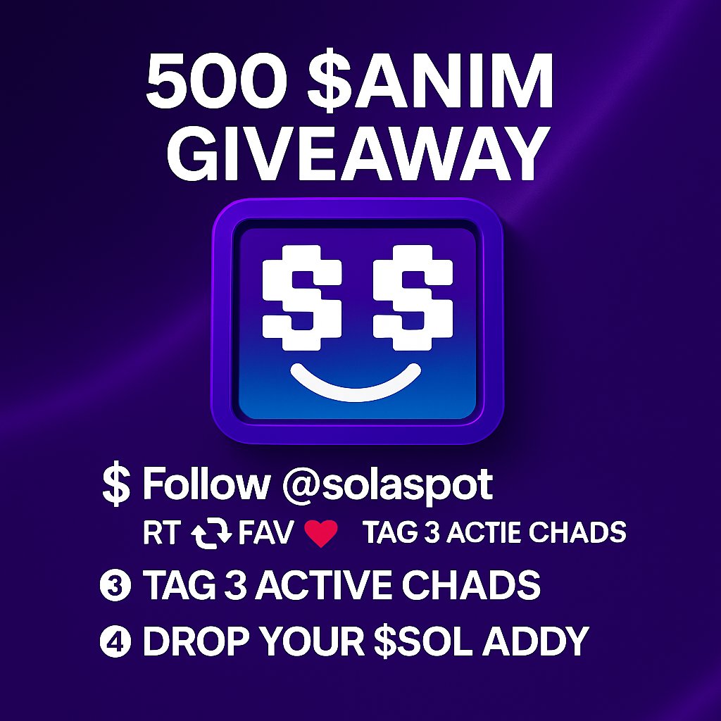 <a href="/Solaspot/">SOLASPOT</a> lunch soon 🔜
so let's celebrate with  500 $ANIM GIVEAWAY, 
1. Follow me &amp; <a href="/Solaspot/">SOLASPOT</a> &amp; <a href="/G0tzeWeb3/">G0TZE</a>
2. RT 🔁 + FAV ❤️ + Tag 3 Chads and drop address 
 
5 Winners picked in 24 ⏳
Let’s bring degen games to the next level 🎲🚀
$ANIM #Solana #NFTs #CryptoCasino #Giveaway