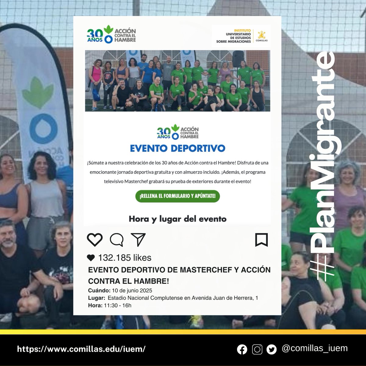¡🎉 Celebremos junt@s los 30 años de Acción contra el Hambre! 🎉

📍 Dónde: Estadio Nacional Complutense
📅 Cuándo: 10 de junio 2025
⏰ Horario: 11:30 a 16:00 h

¡No te lo pierdas! 💪💚 
accioncontraelhambre.org/es/evento-depo…

#30AñosACH #AcciónContraElHambre #EventoDeportivo