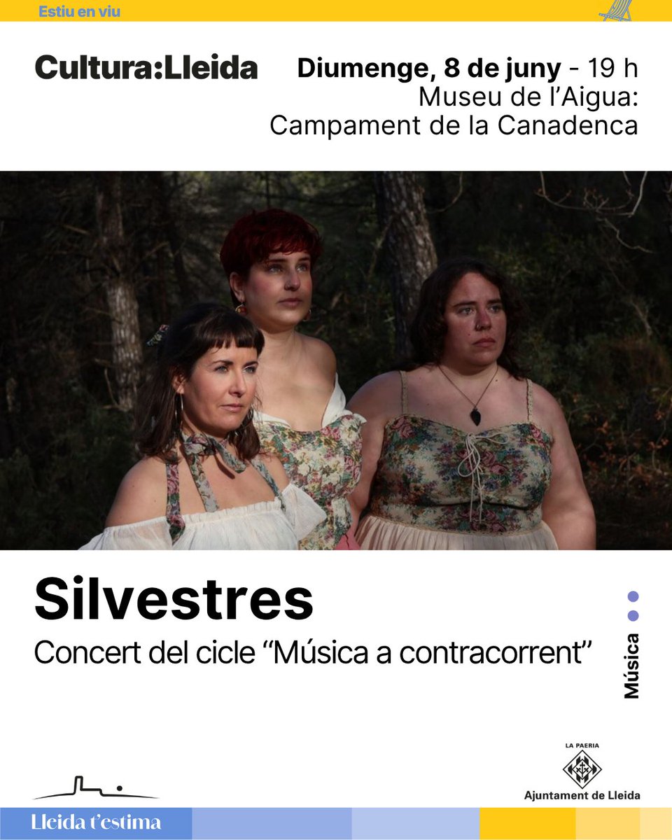 cultura_lleida's tweet photo. 🎶El grup lleidatà Silvestres t’espera al Museu de l’Aigua💧 amb un concert que recupera el patrimoni musical de les Ponent amb sons contemporanis, amb la col·laboració del Cor de Polifonia Tradicional de Lleida, en el marc del cicle "Música a contracorrent”.

🎟️ Entrada lliure https://t.co/SicSzorUws