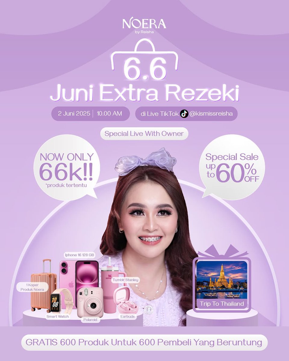 Bulan Juni makin hepi bareng Noera!🤗
Yuk ikutan Live Special with Owner kesayangan kita semua dan dapetin:
✨iPhone 16 128GB
✨Tumblr Stanley
✨1 koper penuh produk Noera
And many more~💕