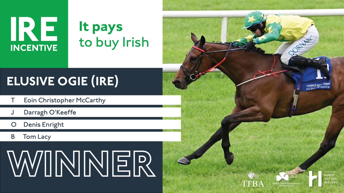 ITM (@irethoroughbred) on Twitter photo ๐ข IRE INCENTIVE ๐ต
๐ Winner! ๐
๐ ELUSIVE OGIE (IRE)
โน๏ธ <a href="/REDMILLSHorse/">Connolly's RED MILLS</a> <a href="/IrishEBF_/">Irish Stallion Farms</a> Auction Maiden Hurdle
๐ <a href="/LimerickRaces/">Limerick Races</a>
โฌ10,000 bonus to owner Denis Enright to spend on Irish-breds at Irish sales
#IREIncentive #ItPaysToBuyIrish ๐ข IRE INCENTIVE ๐ต
๐ Winner! ๐
๐ ELUSIVE OGIE (IRE)
โน๏ธ <a href="/REDMILLSHorse/">Connolly's RED MILLS</a> <a href="/IrishEBF_/">Irish Stallion Farms</a> Auction Maiden Hurdle
๐ <a href="/LimerickRaces/">Limerick Races</a>
โฌ10,000 bonus to owner Denis Enright to spend on Irish-breds at Irish sales
#IREIncentive #ItPaysToBuyIrish