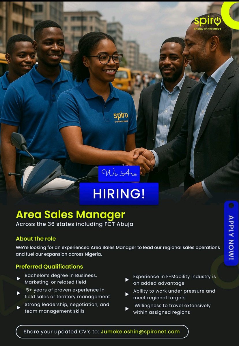 Queen John-Moseph (@queenjohn4) on Twitter photo Are you an experienced sales manager? <a href="/spironigeria/">Spiro Nigeria</a> is looking for you.
You can share your CV to the email on this image.
#EnergyOnTheMove
#EMobility
#PoweringEMobility Are you an experienced sales manager? <a href="/spironigeria/">Spiro Nigeria</a> is looking for you.
You can share your CV to the email on this image.
#EnergyOnTheMove
#EMobility
#PoweringEMobility