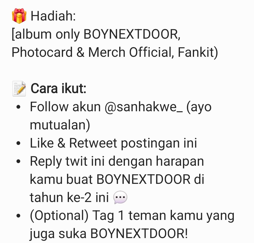 🎉 GIVEAWAY TIME! 🎉

Happy 2nd Anniversary BOYNEXTDOOR! 🥳✨
Buat ngerayain bareng, aku mau ngadain giveaway spesial buat kalian yang selalu support BOYNEXTDOOR~ 💛

#400년동안_피어날_우리청춘
#398Years_ToGo_WithBOYNEXTDOOR
#BND_私の人生の_BGM