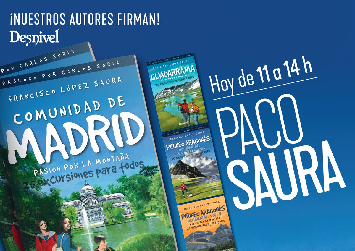 Editorial Desnivel (@editodesnivel) on Twitter photo Los autores de DESNIVEL firman en la @FLMadrid25 casetas nº 178-179. PACO SAURA hoy, 1 de junio, de 11 a 14 h.
<a href="/libdesnivel/">Librería Desnivel</a> Los autores de DESNIVEL firman en la @FLMadrid25 casetas nº 178-179. PACO SAURA hoy, 1 de junio, de 11 a 14 h.
<a href="/libdesnivel/">Librería Desnivel</a>